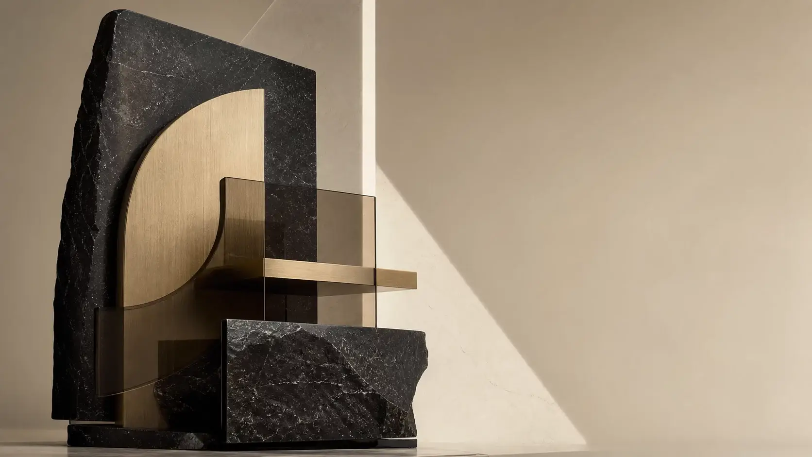 Executive obsidian and brass abstract sculpture